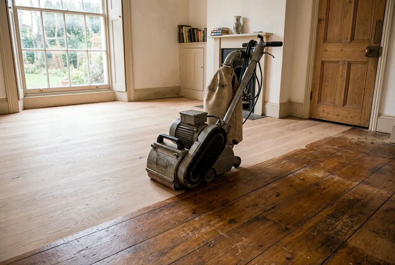 Drum sander cutting through the old finish on a strip oak hardwood floor