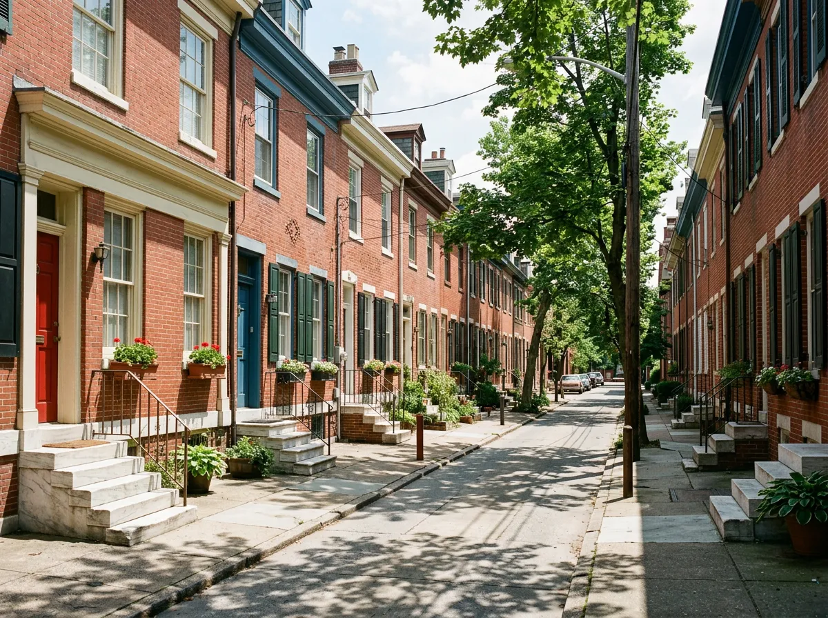 A street of red-brick Baltimore rowhomes